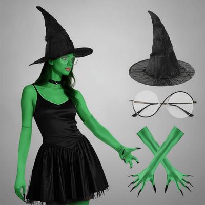 2/3/4 st Rolig Häxdräkt Set Gröna Klohandskar Utklädning Cosplay Häxhatt Glasögon Rollspel Spetsig Trollkarlshatt Set