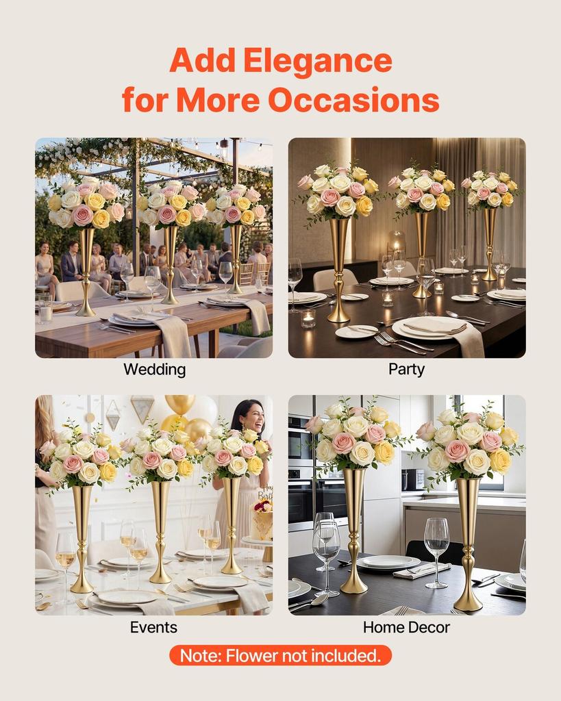 12 PCS Wedding Flower Vase, 55 cm Tall Trumpet Flower Table Centerpieces, Banquet Vases Easy Installation, Electroplated Versatile Arrangement Stand