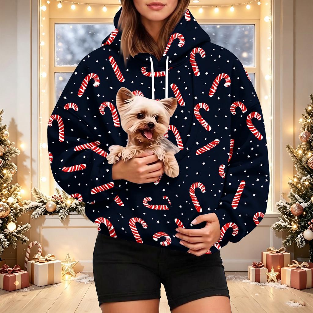 Women's Stylish Christmas Print Hoodie with Pet Pocket, Casual Holiday Pullover for Winter Wear
