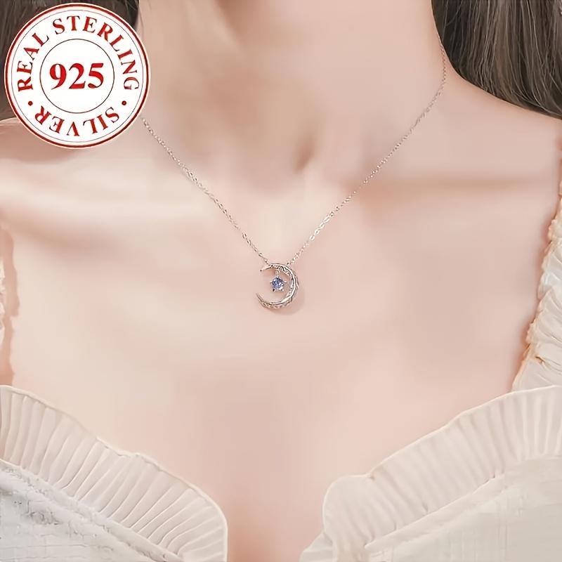 Luxurious Celestial Moon Pendant Necklace - 925 Sterling Silver with Synthetic Blue Zirconia, Perfect Gift for Women in Everyday Life