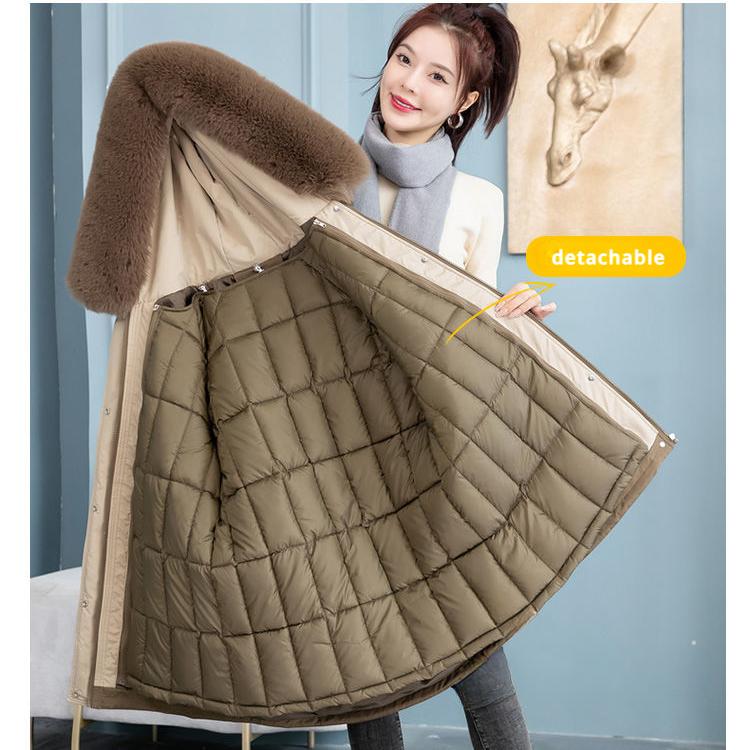 Women's Hooded Parka Winter Removable Liner Cotton Jacket Thickened Windproof Parka Jacket with Fur Collar