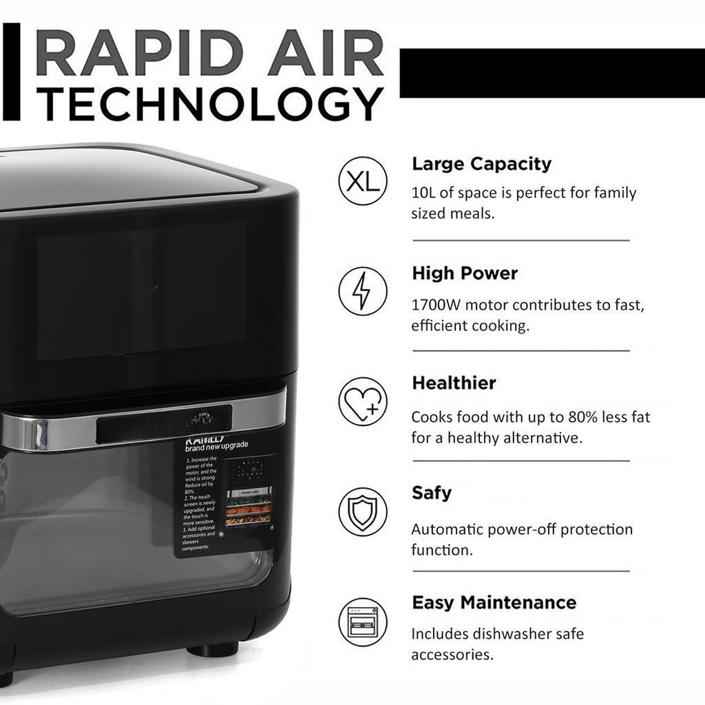 10L Digital Air Fryer Oven 1700W Low Fat Healthy Touch Panel Control Oil Free Black