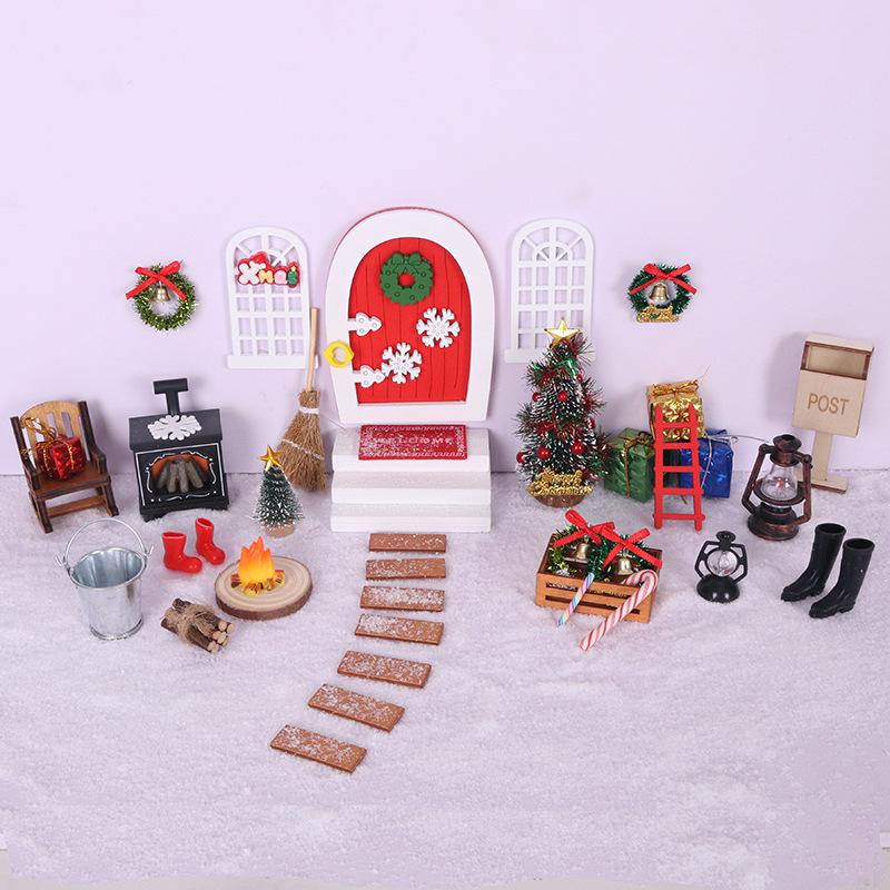 Christmas Wooden Elf Fairy Door Kit Tiny with Christmas Decoration Accessories for Mini House Furniture Christmas Decoration
