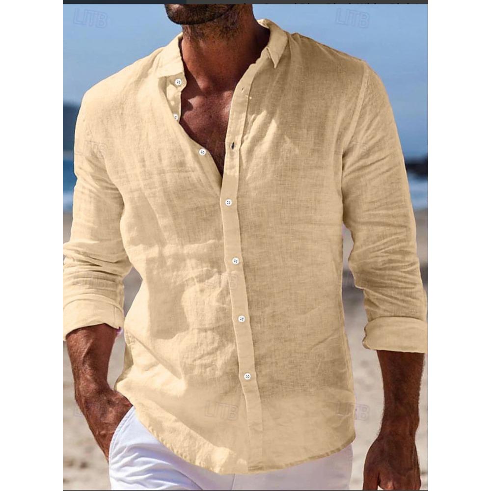 Herrenhemden Frühling/Sommerhemden Strandbekleidung Button-Down-Hemden Einfarbig Urlaubs-Casual Langarm mit Kragen