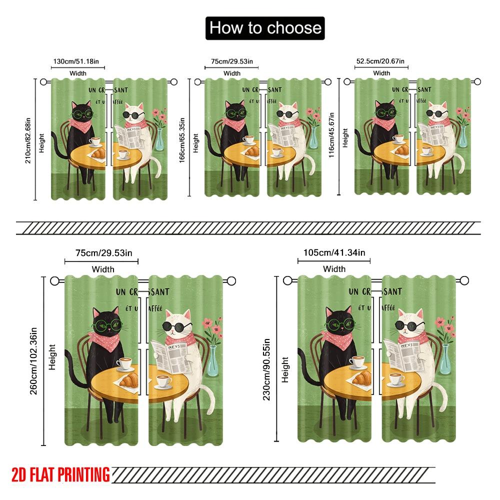 2pcs 2D flat printing Window Curtains Cute Cats Croissant Cafe Fabric Without Electricity Festive Curtains Perfect for General