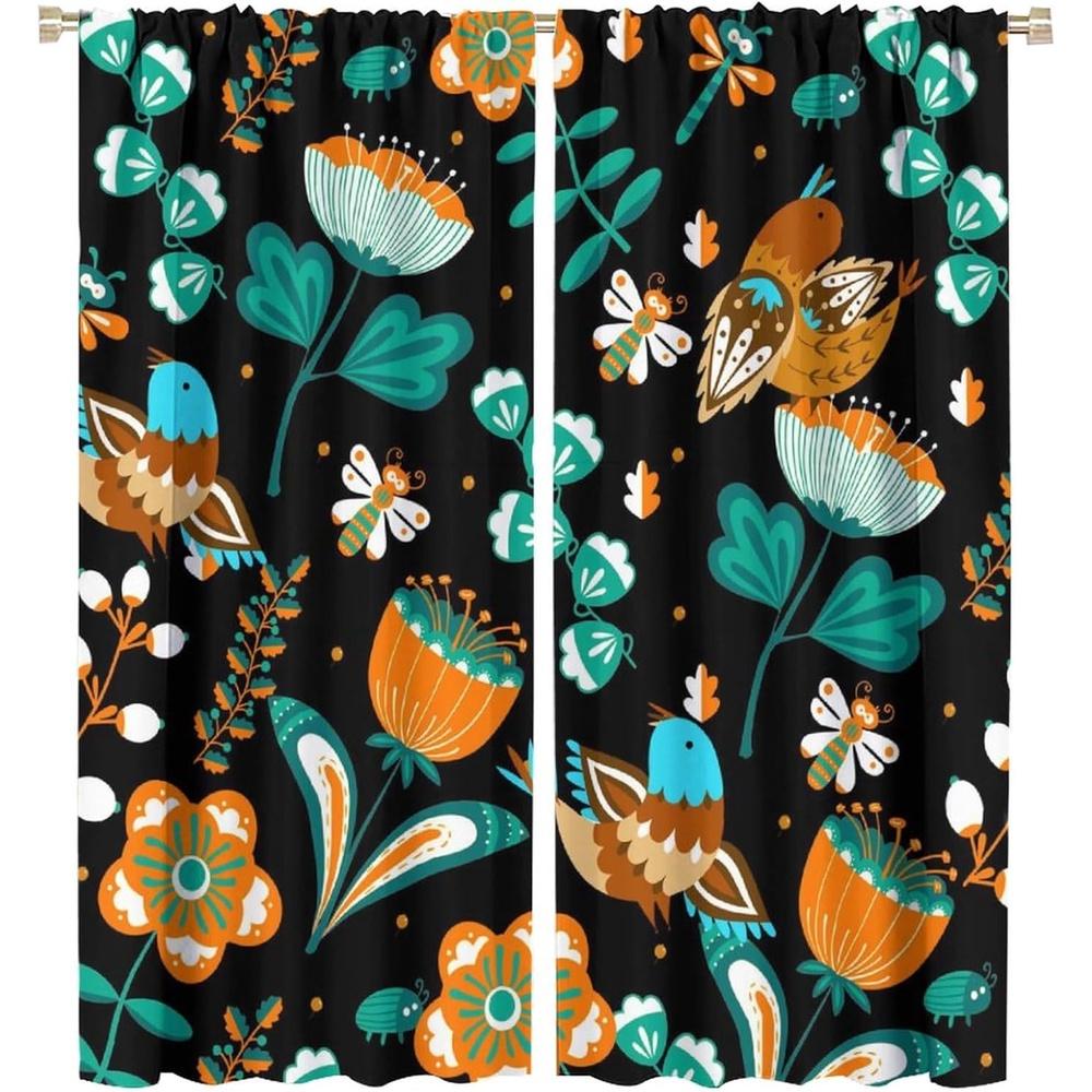 

2 Panels Bohemian Tribal Thermal Insulated Black & Turquoise Leaf & Bird Print Curtains - 100% Polyester Thermal Insulated Windo 100*130 Grommet Top 1pcs