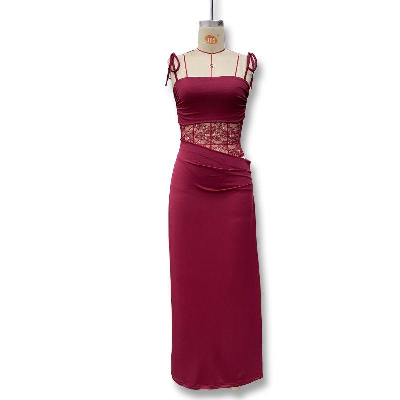 

Outfitgirl Lace Patchwork Hollow out See-through Sling Dress Sexy Sexy Style Silm Sheath Long Skirt Burgundy S