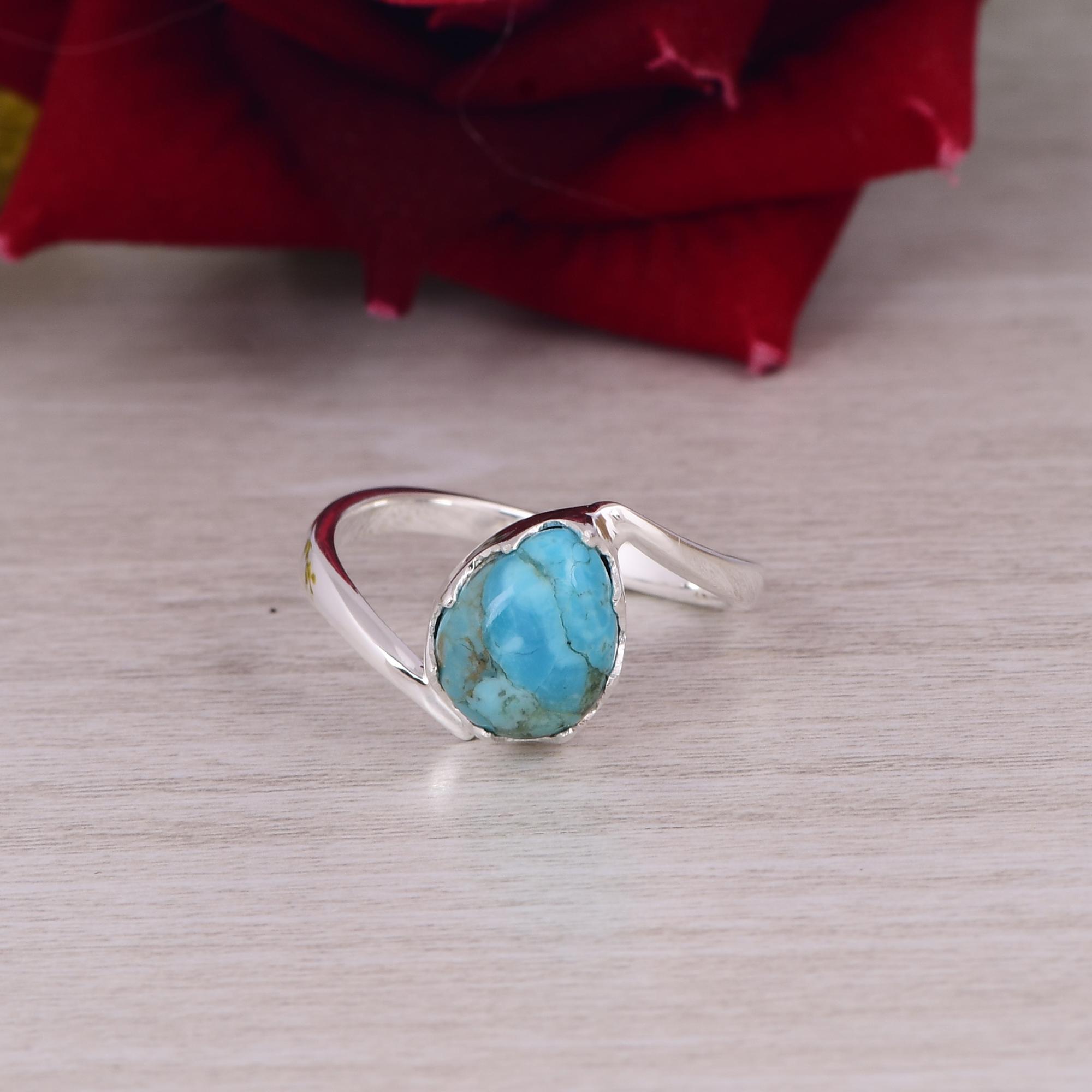 Handmade Turquoise Ring, Open Band Silver Ring, Heart Shape Gemstone Ring for Women 5