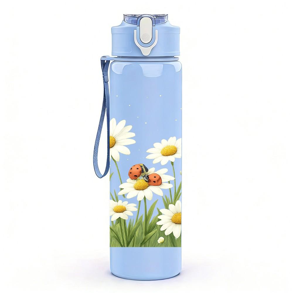 1 PZ Bottiglia Sportiva in Plastica da 750ml Campo di Fiori Selvatici e Erba Margherite Tappo Flip-Straw Ermetico Adatta per Sport Ufficio Uso Domestico