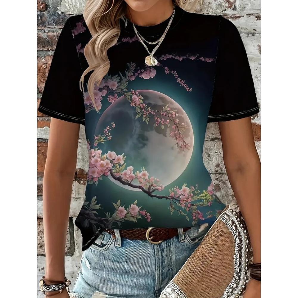 Fashionable Simple Versatile Painting Colortly 3D Printed Round Neck Short Sleeved T-Shirts Soft Comfortable Loose Breathable Plus Size Womens T-Shirt