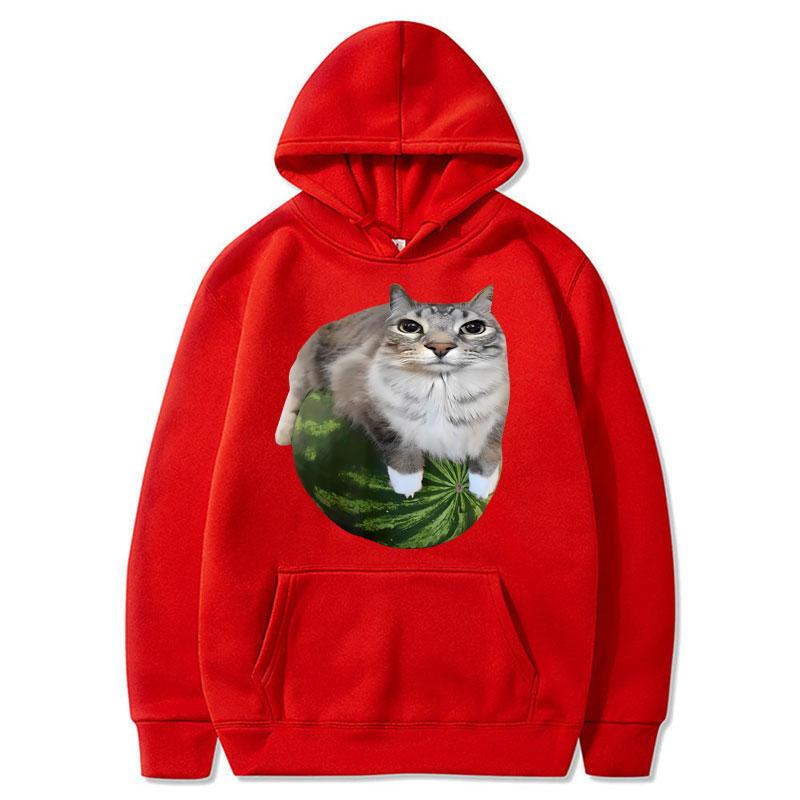 Funny Silly Watermelon Cat Meme Hoodie Women Humor Stylish Hilarious Long Sleeve Oversized Fleece Casual Pullover Streetwear