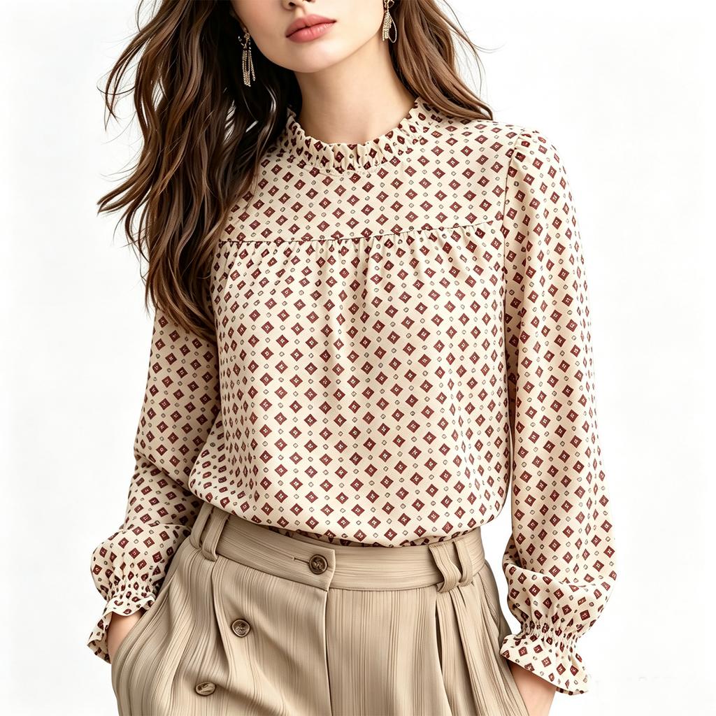 Women's Casual Printed Bell Sleeve Blouse with Ruffle Stand Collar