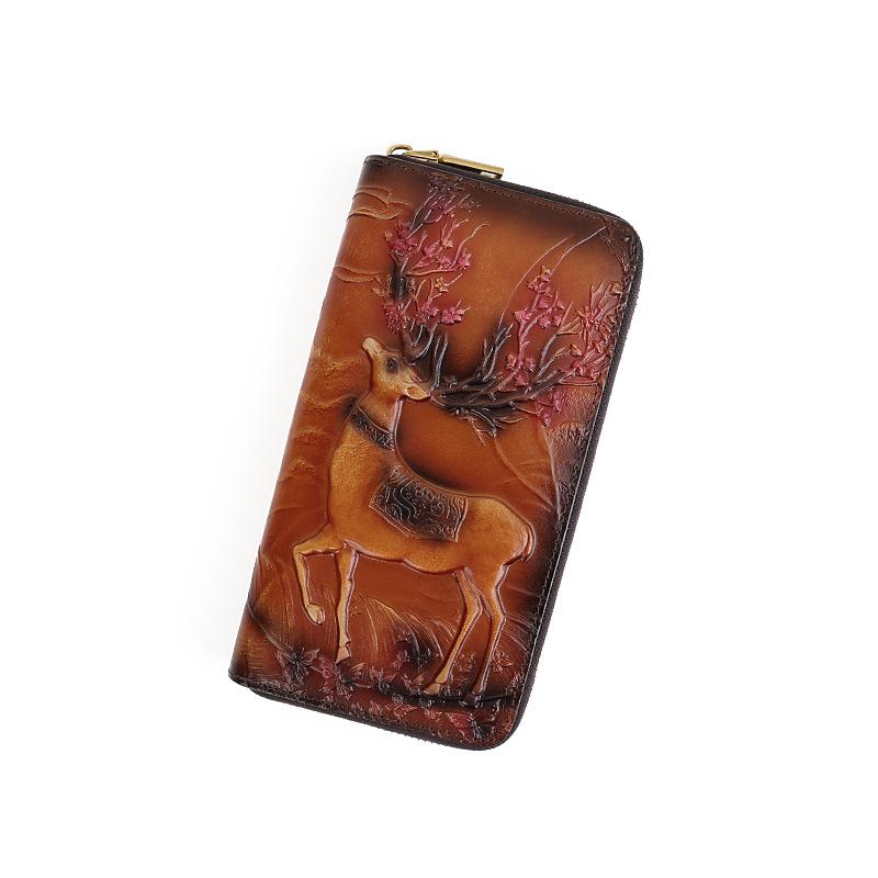 New Retro Embossed Leather Wallet with Top Layer Cowhide, Long Zipper Wallet, Large Capacity Hand-held Bag