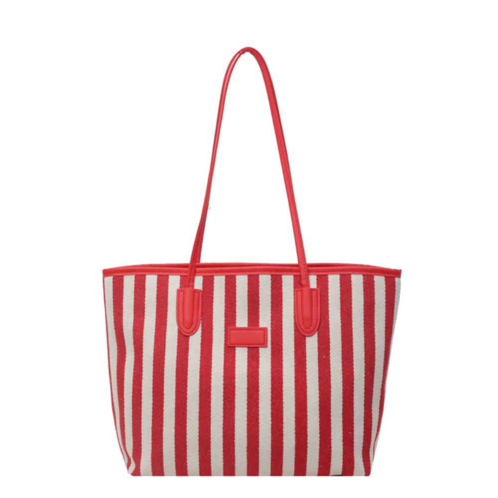 Large Capacity Shoulder Bag Zipper Shopping Handbag Simple Stripe Canvas Tote Bag  Girls
