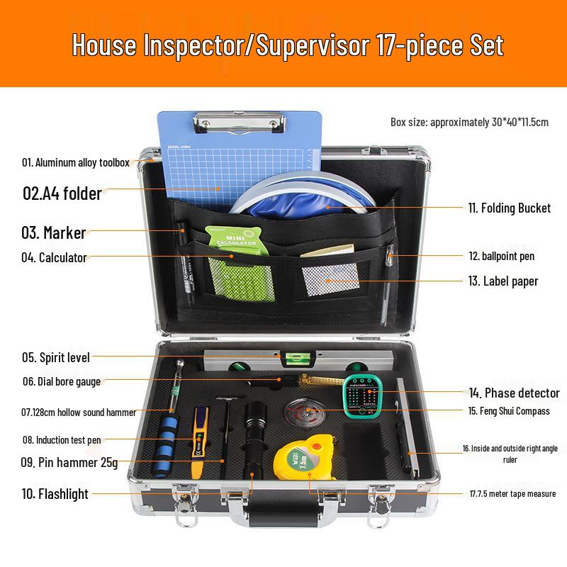 Home Inspection Toolkit: Sounding Hammer, Angle Ruler, Level, Electrical Tester, Phase Detector
