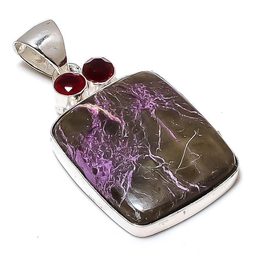 Purpurite, Garnet Gemstone 925 Sterling Silver Jewelry Pendant 2.05" SU-8465