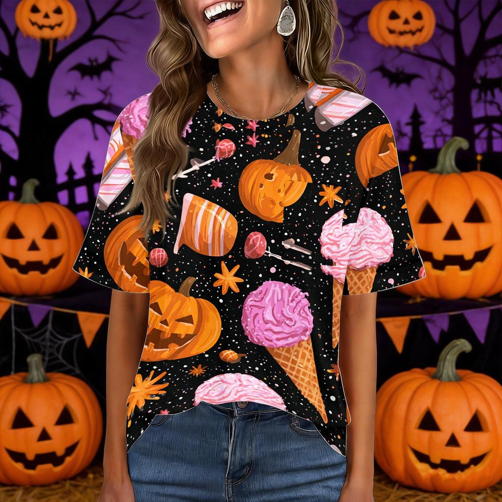 Women's Casual Halloween Pullover Top Short Sleeve Round Neck Pocket T-Shirt Halloween Print Casual Fit Lightweight