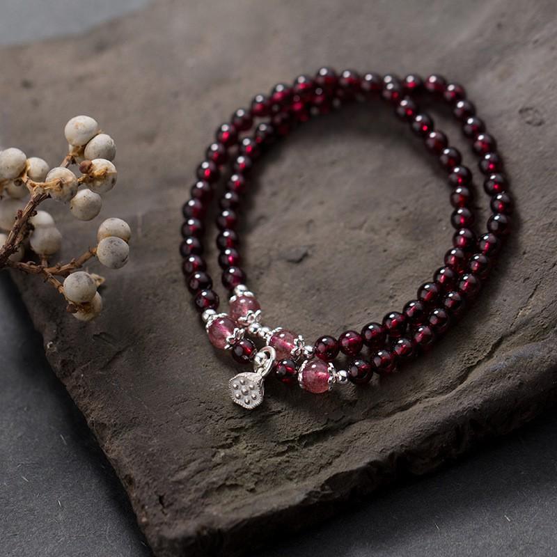 Handmade Layered Crystal Bracelet With Lotus Pod Garnet Women Sterling DIY Jewelry C0265 925 Sterling Silver