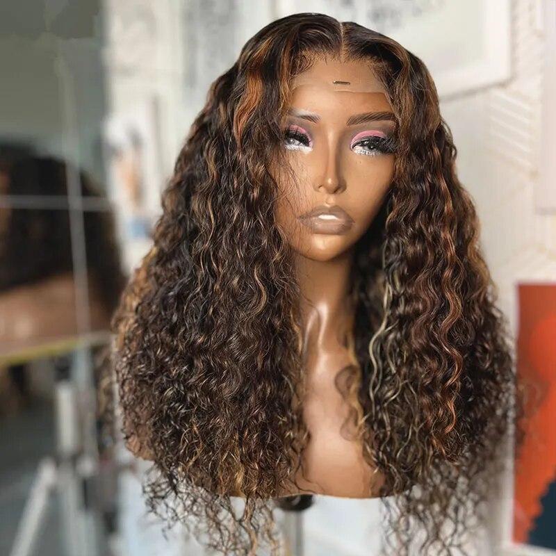 Loose Curly Synthetic Lace Front Wig 180% Density  Gold Mix Dark Brown Heat Resistant Fiber Pre Plucked For Women