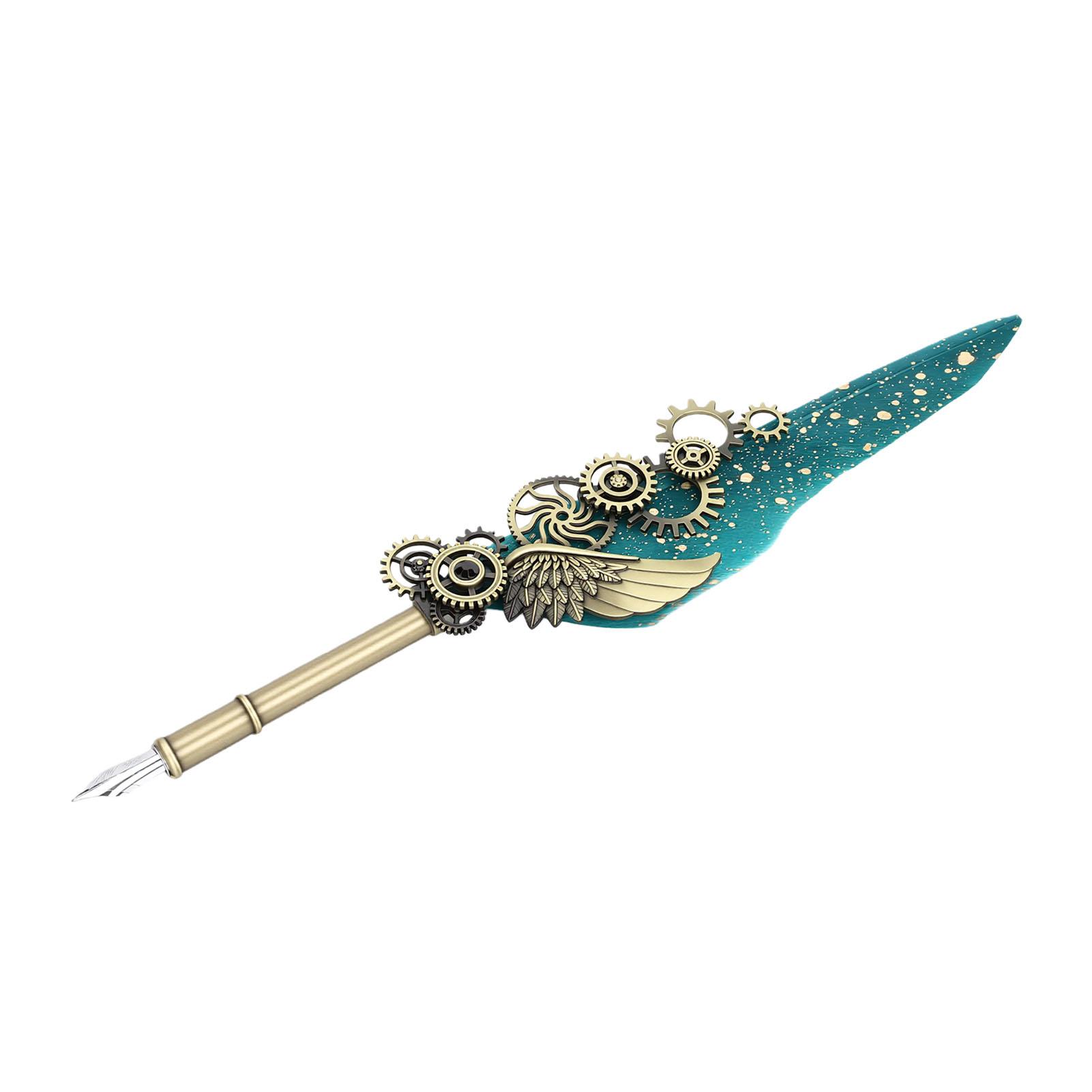 Mechanical Feather Pen Blackish Green Vintage Steampunk Style Quill Pen with 5 Replacement Nibs for Calligraphy Gifting