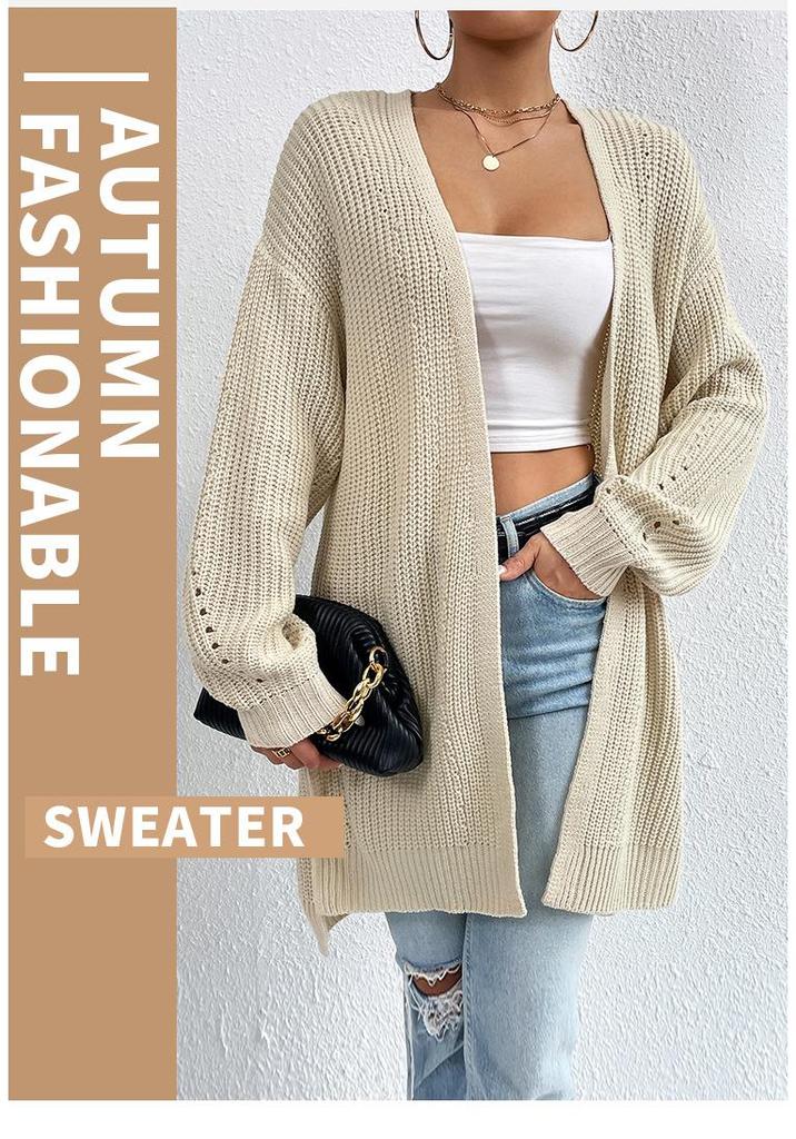 2025 Autumn/Winter Loose V-Neck Mid-Length Knit Cardigan - Solid Color