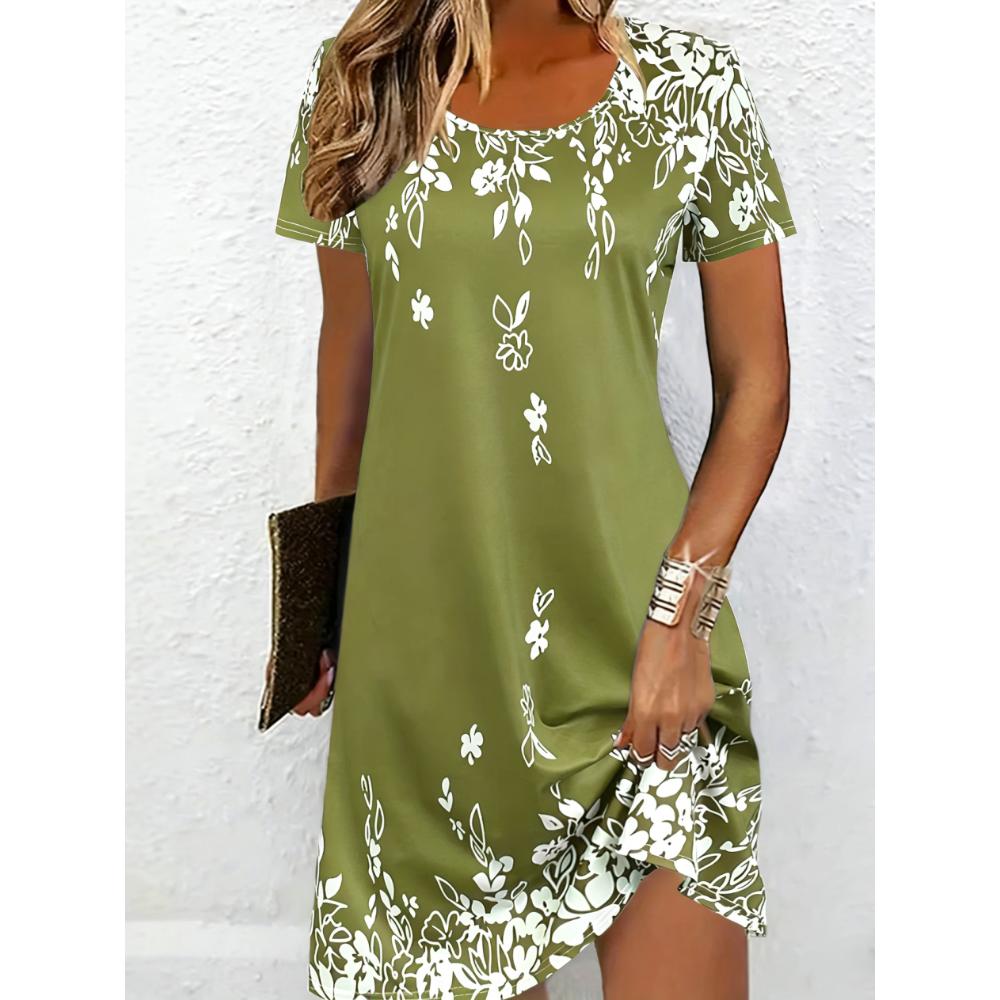 Damen Casual Blumenmuster Minikleid Vintage Rundhals Kurzarm Modisch Boho Freizeitkleider