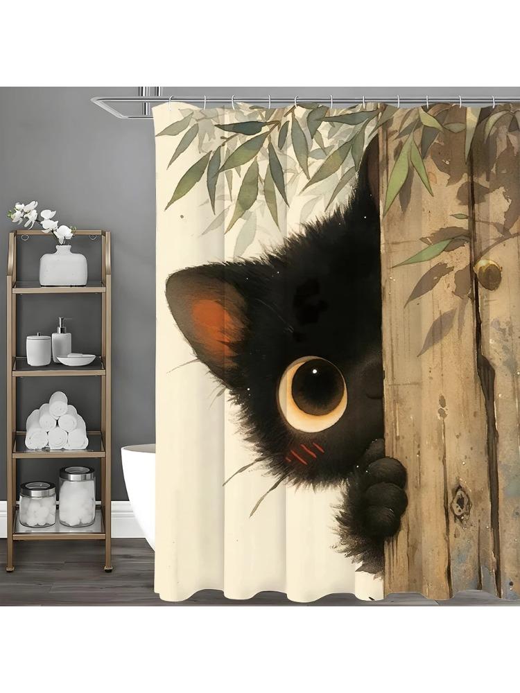 

Мультяшная черная кошка, занавеска для душа, декоративная занавеска для ванной, водонепроницаемая занавеска для душа с крючками W90xH180cm