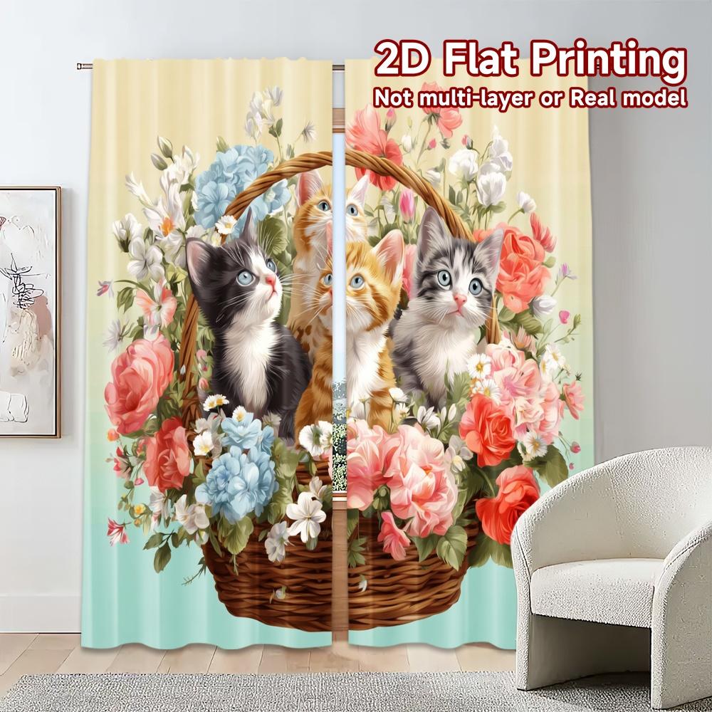 2pcs, 2D FLAT PRINTING Curtains (Without Rod) KittenBouquet Popular Fashionable Curtains Polyester Curtains Home Decor