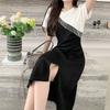 Contrasting Colors Patchwork Tassel Dresses Stylish Split Summer Elegant Folds A-Line Casual O-Neck Midi Dress