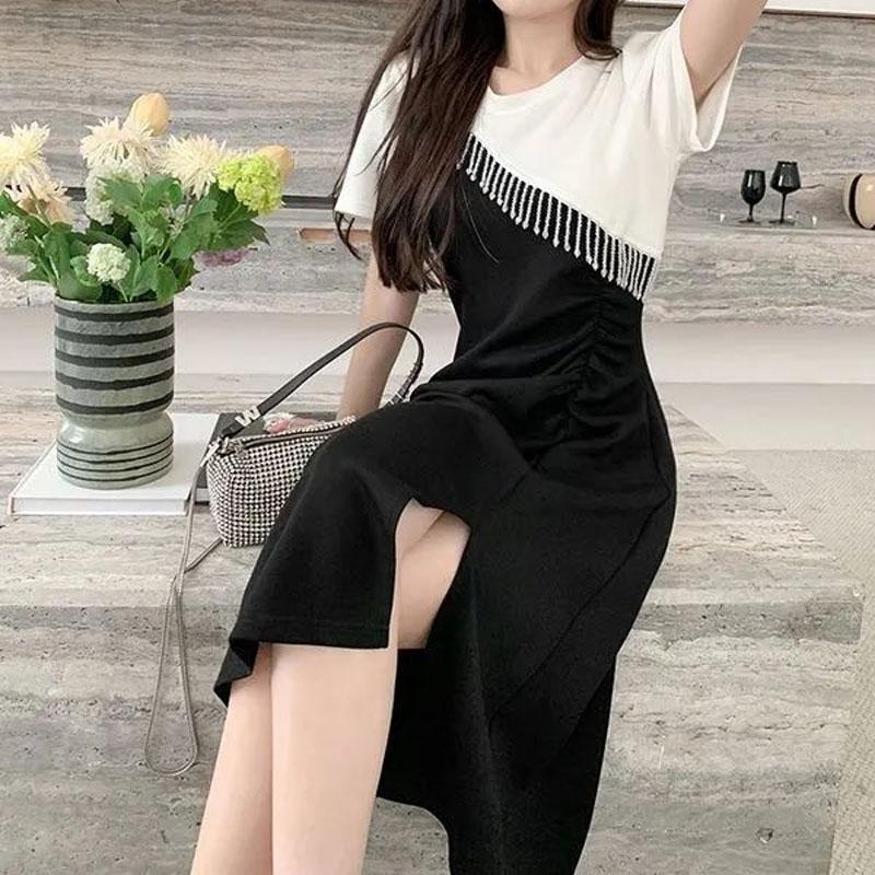 Contrasting Colors Patchwork Tassel Dresses Stylish Split Summer Elegant Folds A-Line Casual O-Neck Midi Dress