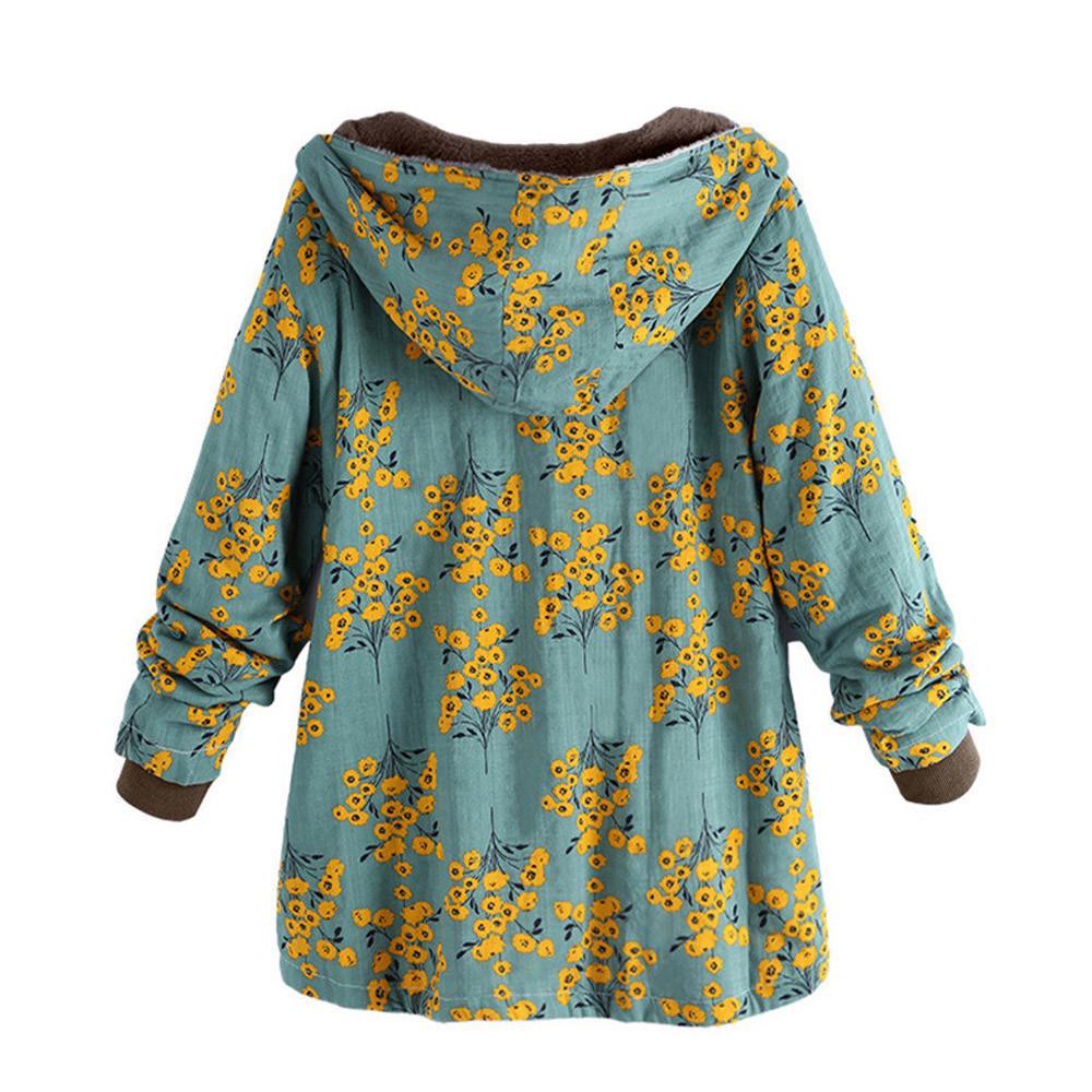 Kvinners vintervarme yttertøy med blomstertrykk Hettelommer Vintage oversize kåper