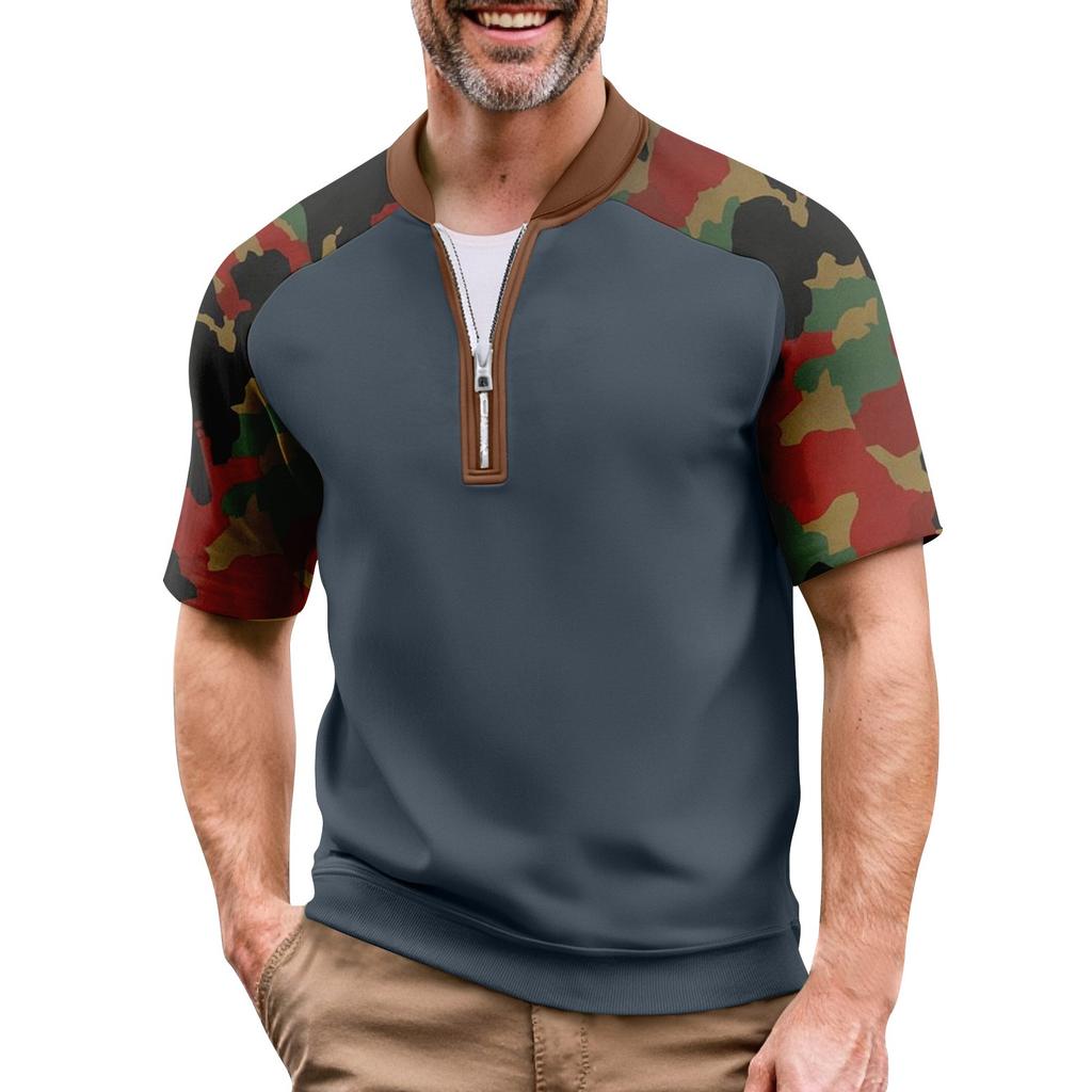 Men's Summer Camouflage Color Casual T-shirt Sports Breathable Zipper Collar Top
