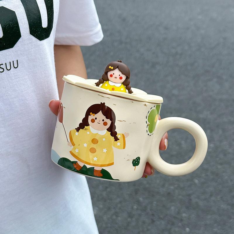 

Cute Hand painted Parent Child Cup Ceramic Cup with Lid Creative Mug Girls Souvenir Couple Water Cup Household Cup 400ML