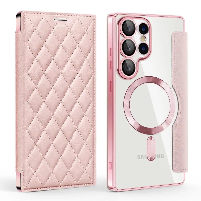 Luxury PU Leather Electroplate Magnetic Card Holder Phone Case for S22 S24 Ultra S25 Plus FE Transparent Shockproof Back