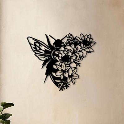 Bee Metal Wall Art Garden Decoration Black Iron Floral Ornament Gifts