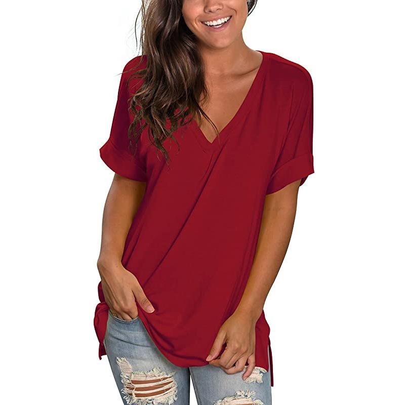 Women Fashion V-neck  Loose Lengthen Cotton Casual Short Sleeves Crop Top Solid Color Simple T-shirt