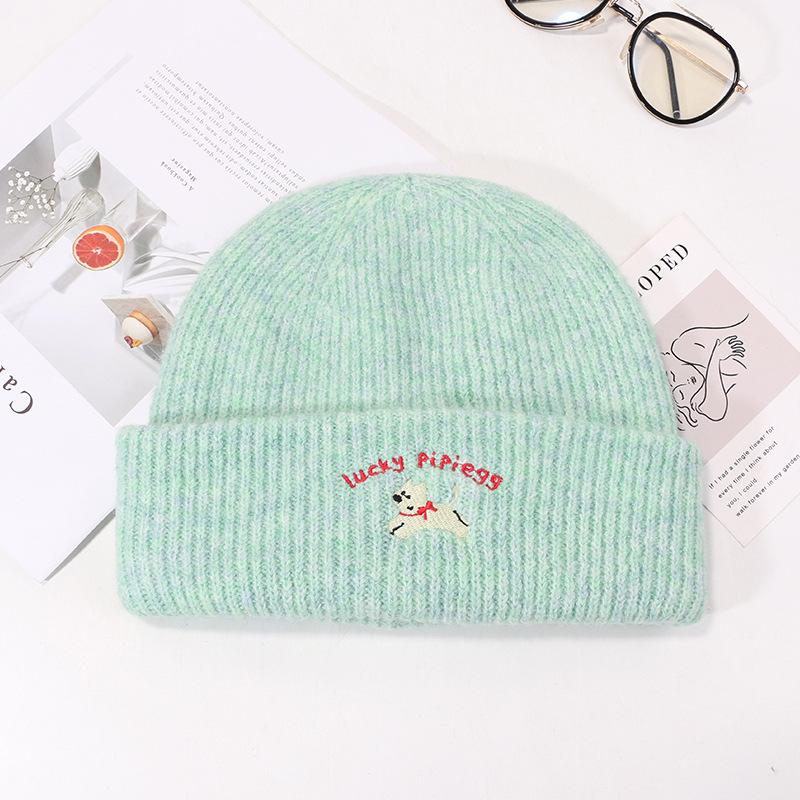 

Осенне-зимняя модная простая шерстяная шапка для женщин, однотонная теплая вязаная шапка с рисунком щенка, высококачественная вышитая вязаная шапка