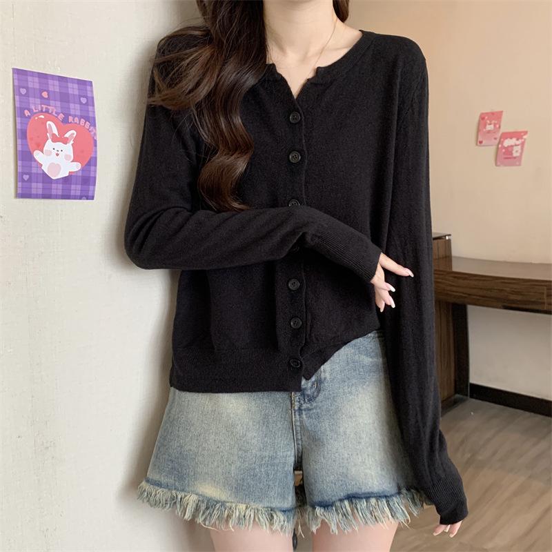 Women's Autumn Knit Cardigan: Short, Simple, Versatile Loose Fit, Casual Round Neck Long Sleeve Jacket