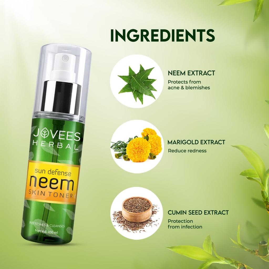 Jovees Herbal Sun Defence Neem Skin Toner 100ml For Glowing Clear Skin Lightweight Non Greasy Quick Absorption Pore Cleansing For All Skin Types