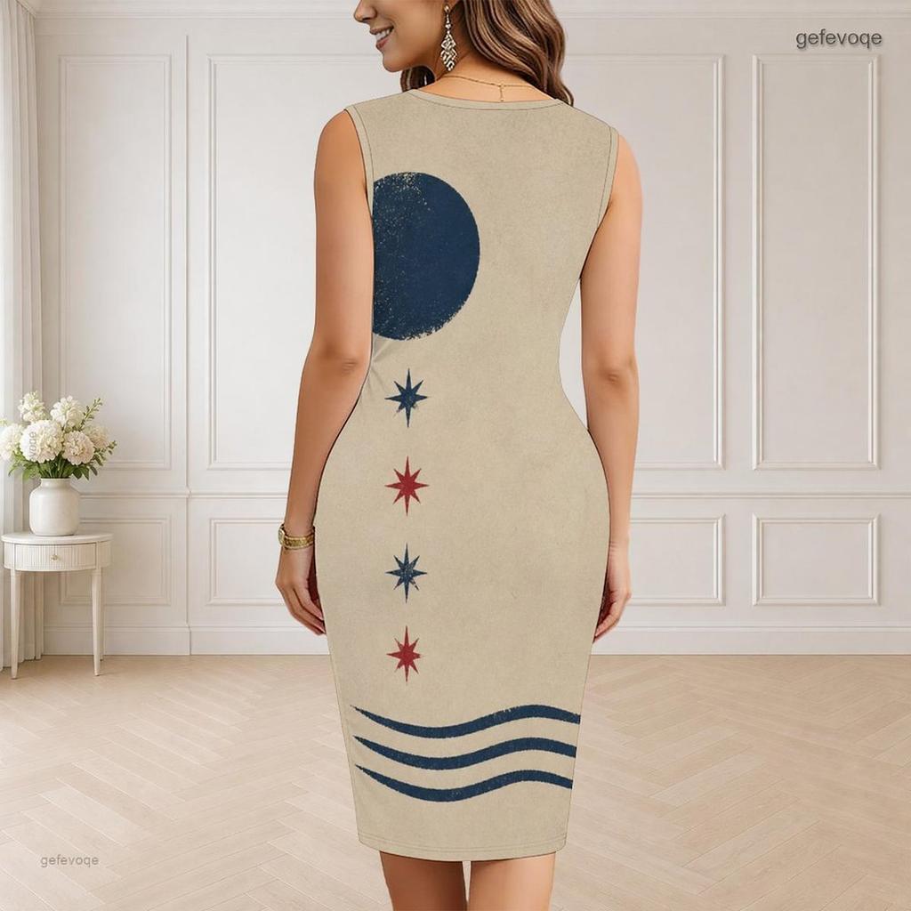 Women Plus Size V Neck Sleeveless Beige Printed Bodycon Midi Dress