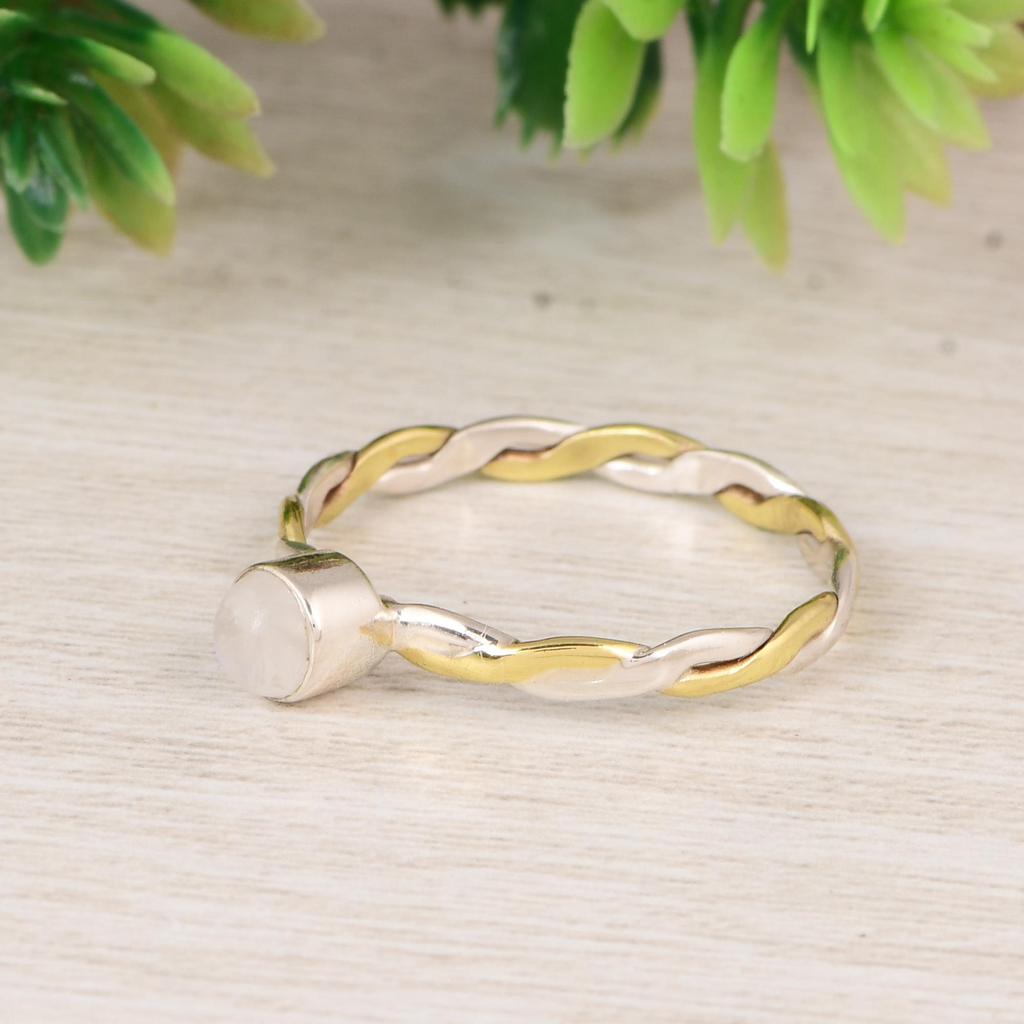 Moonstone Twisted Band 925 Sterling Silver Two Tone Ring, Minimalist Moonstone Ring, Handmade Stacking Ring, Gift for Her