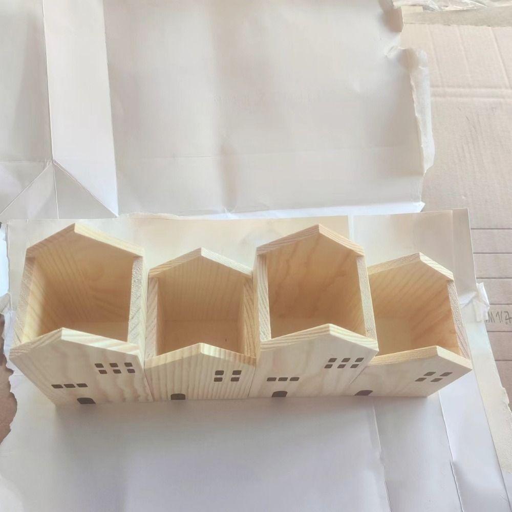 2PCS/Set House-Shape Makeup Brush Organizer Wood Desktop Ornament Back To School Gift