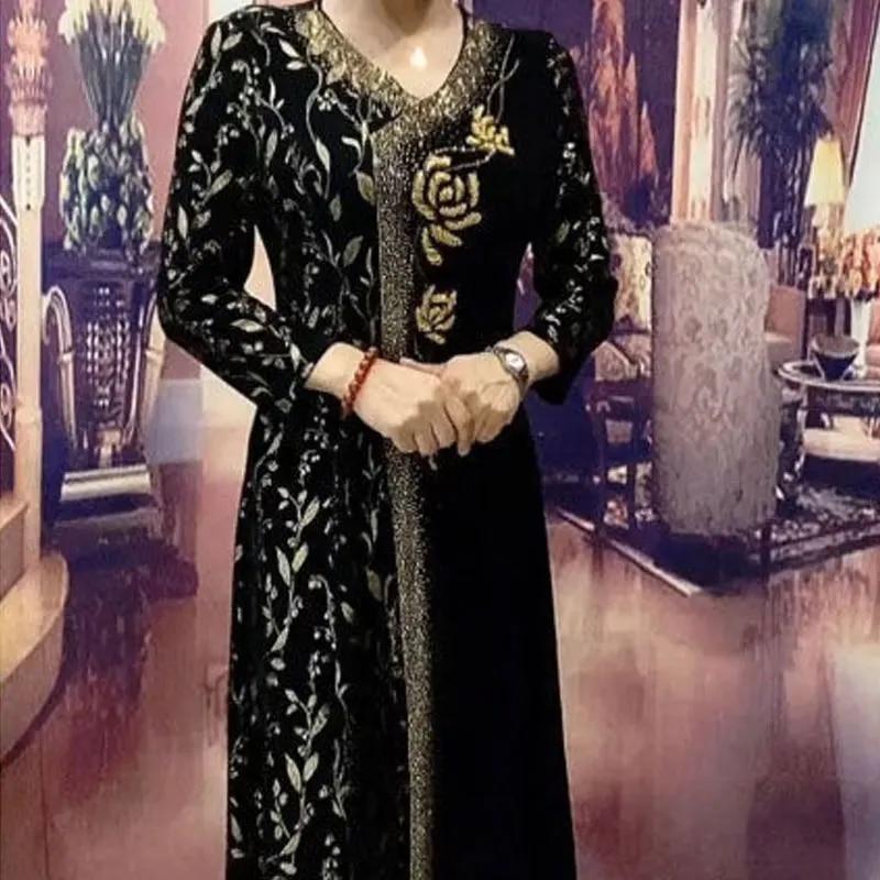 Abiti eleganti con scollo a V stampati, primavera autunno, nuovi abiti da donna a trapezio, maniche lunghe, eleganti, con diamanti floreali, abito lungo