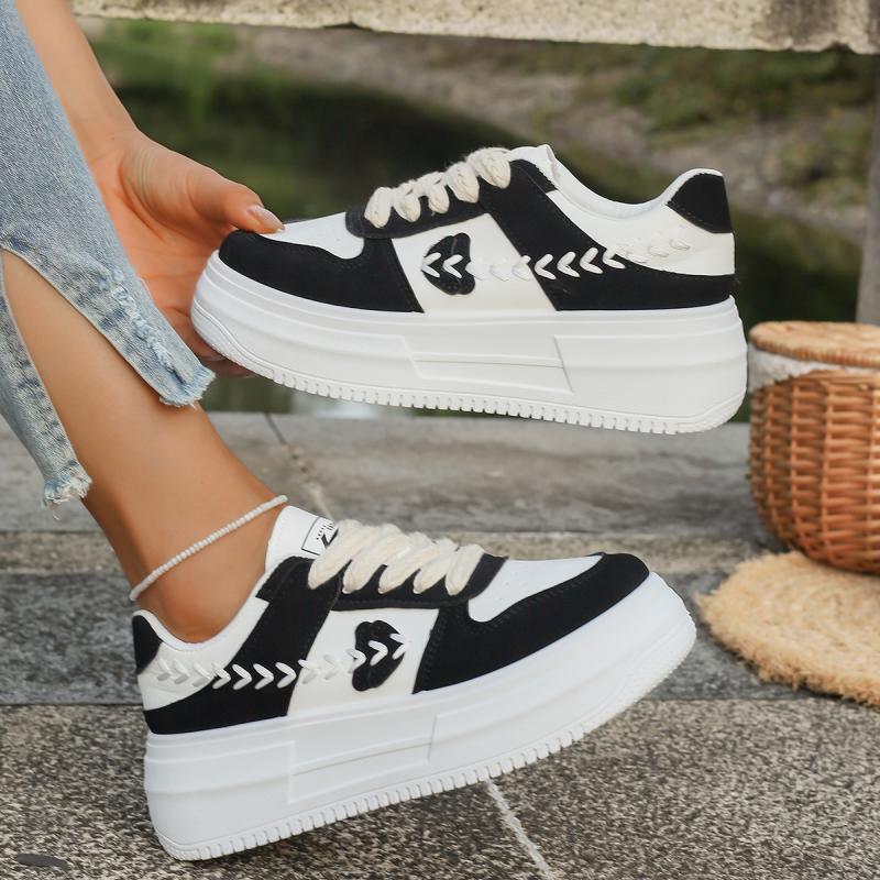 Mode Mode Mix Farbe Dicke Sohle Sneaker Damen 2025 Herbst Runde Zehennaht Dekoration Schnür-Sneaker Rutschfeste Sportschuhe