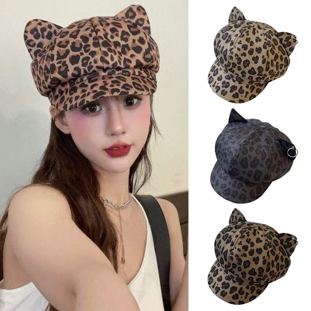 Gorra Estilo Retro con Orejas de Gato Estampado de Leopardo Gorras Octagonales de Repartidor Boinas Estampadas de Leopardo Ropa para Exteriores