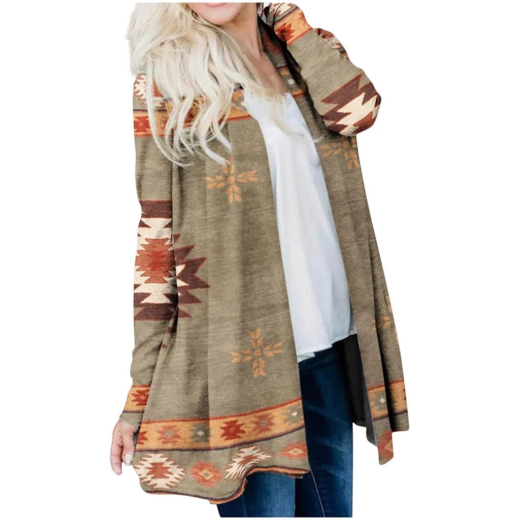 Women's Fashion Casual Nationality Print Medium Length Cardigan Jacket Coat