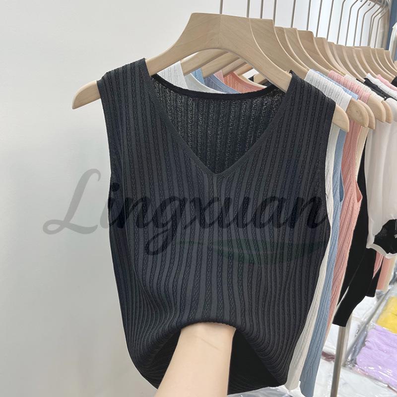 

2026 Women s Ice Silk Knit Camisole - Sleeveless, Slim Fit, Solid Color, Cool Summer Top One Size