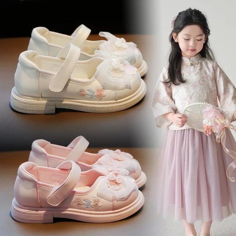 Fashion 3-12y Girls Leather Shoes Children Embroidery Shoe Spring Autumn Princess Flat Heel Party Dance Casual Chinese Style Sandal