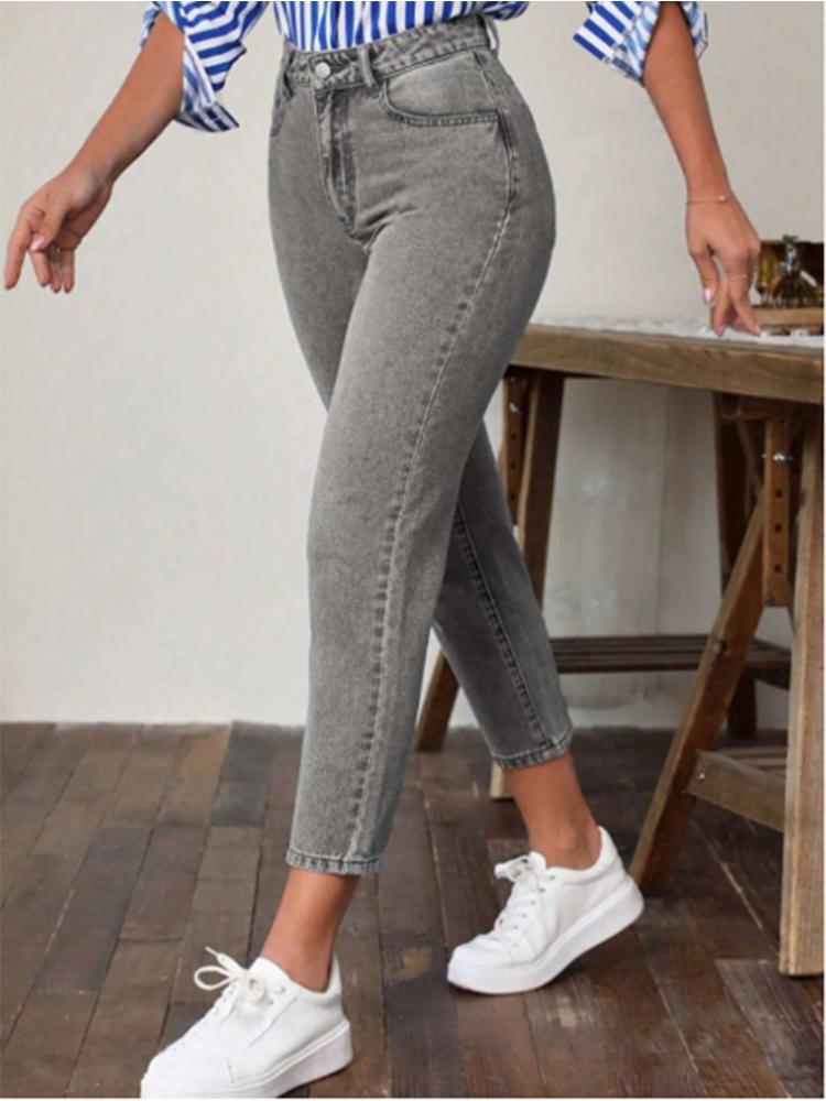 Taschen Mikroelastische Hosen Hohe Taille Einfarbige Damen Gerade Hosen Mode High Street Täglich Vielseitig Frühling Jeans