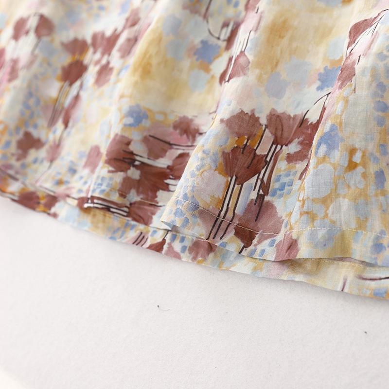 2025 spring and summer new product round neck short sleeve printed cotton and linen dress women's foreign style small floral medium and long skirt